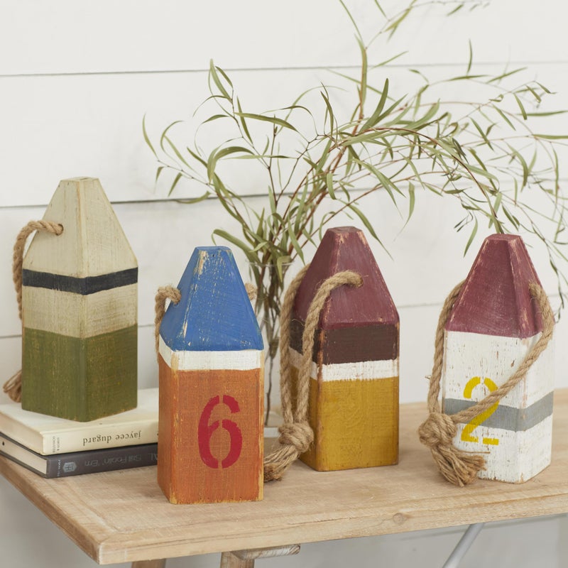 Deco 79 Wood Buoy Decorative Sculpture Home Decor Statues with Rope Accents, set of 4 Accent Figurines 4" x 4" x 10", Multi Colored - Image 3